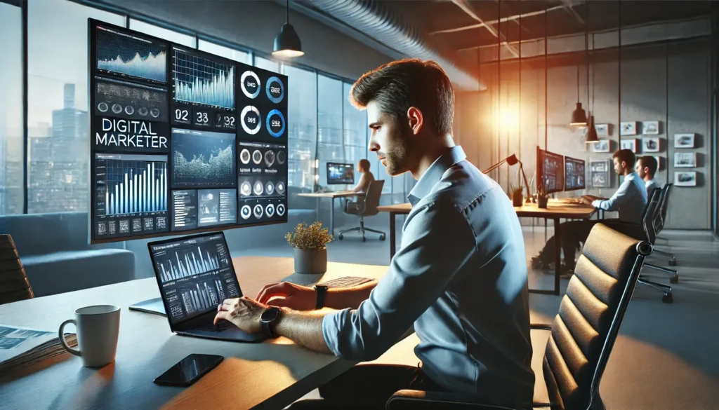 Digital marketer working on his laptop in a modern office setup. Pioneer Digitals Marketing Agency Digital Marketing salaries in India in 2025